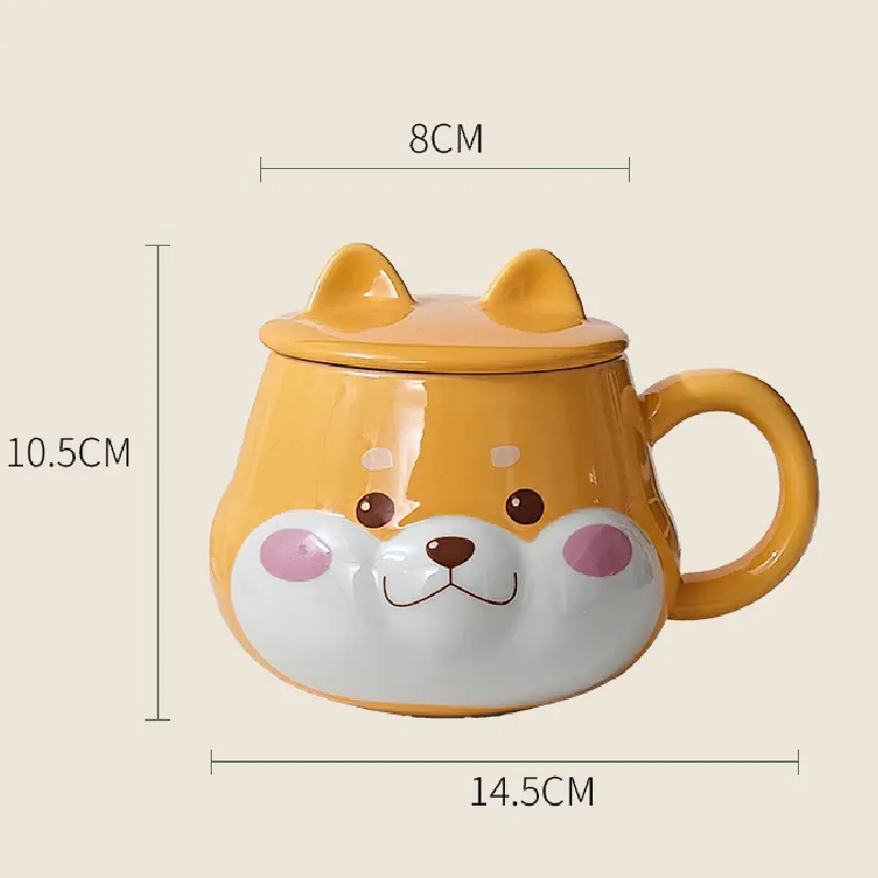 Cute Shiba Inu Coffee Mug Cartoon Animal Ceramic Milk Mug Creative Ceramic Mug with Lid and Spoon Kitchen Drinking Utensils