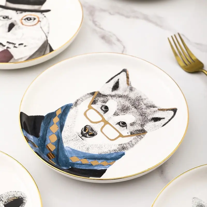 Cartoon Ceramic Round Plate Raccoon Gentleman Tableware Creative Ceramic Plate Main Course Decorative Plate Kitchen Supplies