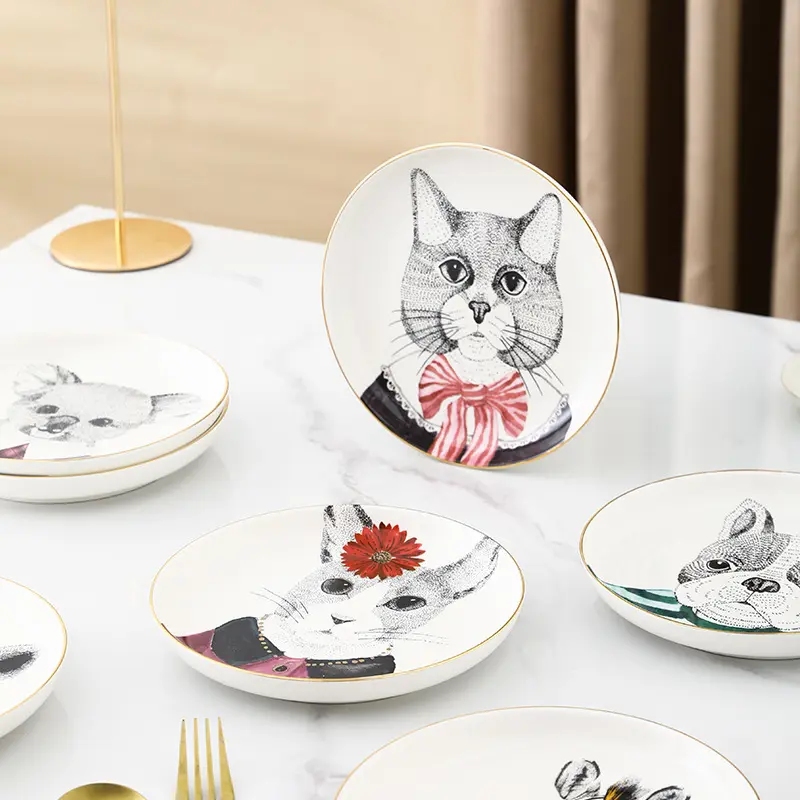 Cartoon Ceramic Round Plate Raccoon Gentleman Tableware Creative Ceramic Plate Main Course Decorative Plate Kitchen Supplies
