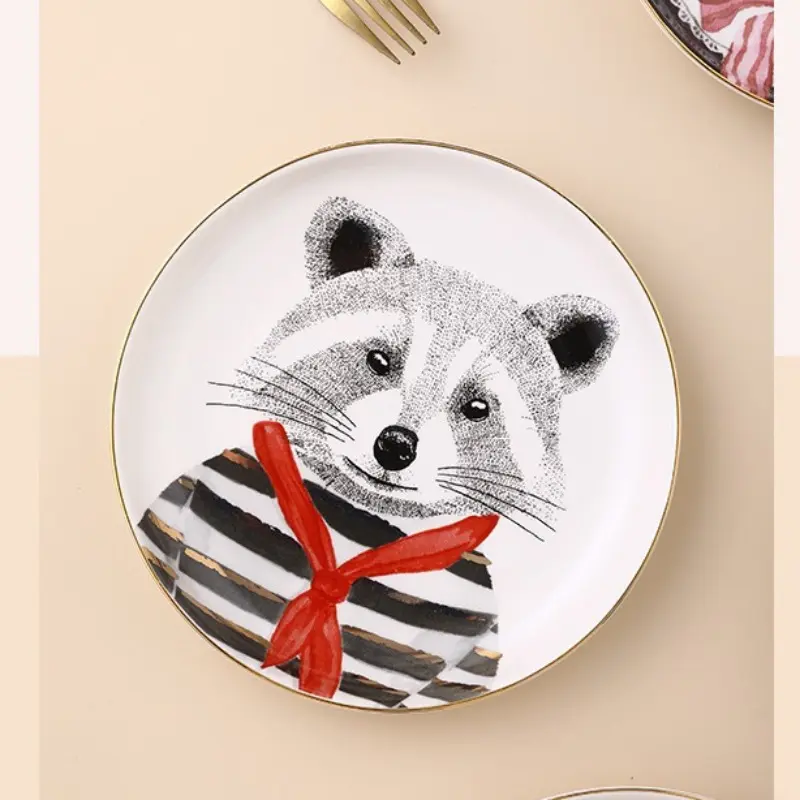 Cartoon Ceramic Round Plate Raccoon Gentleman Tableware Creative Ceramic Plate Main Course Decorative Plate Kitchen Supplies