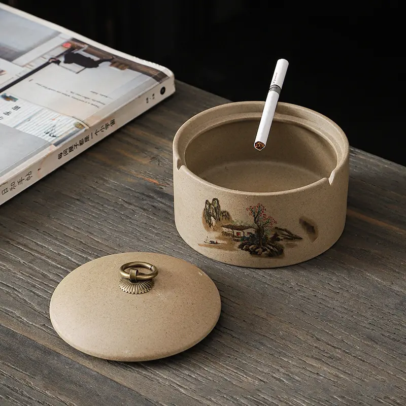 Chinese Creative Coarse Pottery Ashtray with Cover and Fly Ash Prevention Large Household Office Hotel Living Room Ashtray