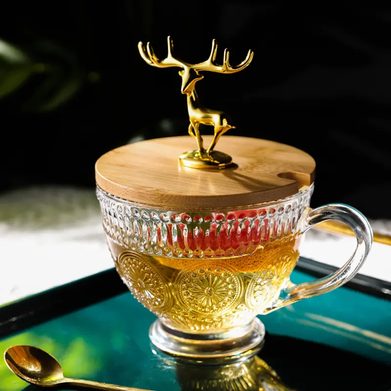 410ML Round Glass Mug with Lid Household Embossed Sunflower Breakfast Milk Cup with Spoon Transparent Party Beer Coffee Cup