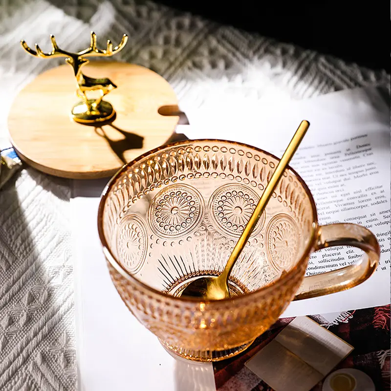 410ML Round Glass Mug with Lid Household Embossed Sunflower Breakfast Milk Cup with Spoon Transparent Party Beer Coffee Cup