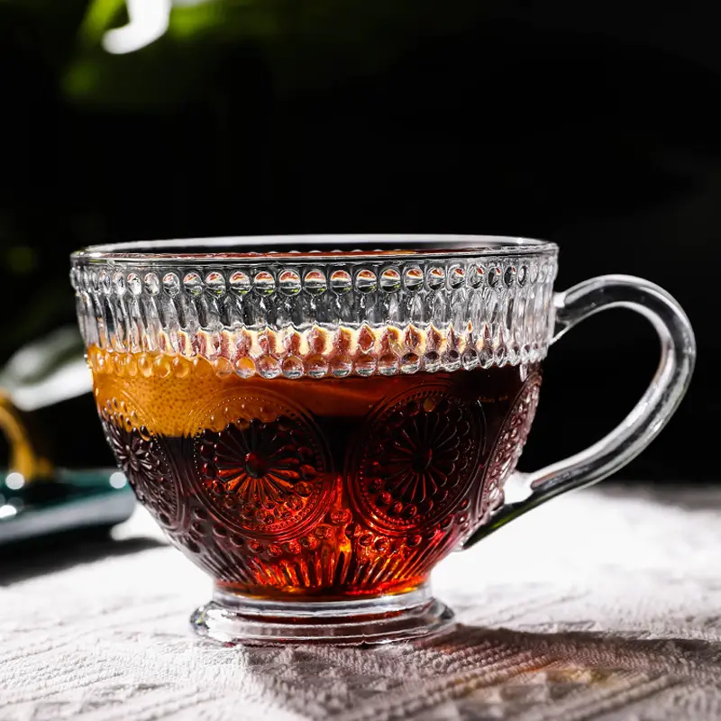410ML Round Glass Mug with Lid Household Embossed Sunflower Breakfast Milk Cup with Spoon Transparent Party Beer Coffee Cup