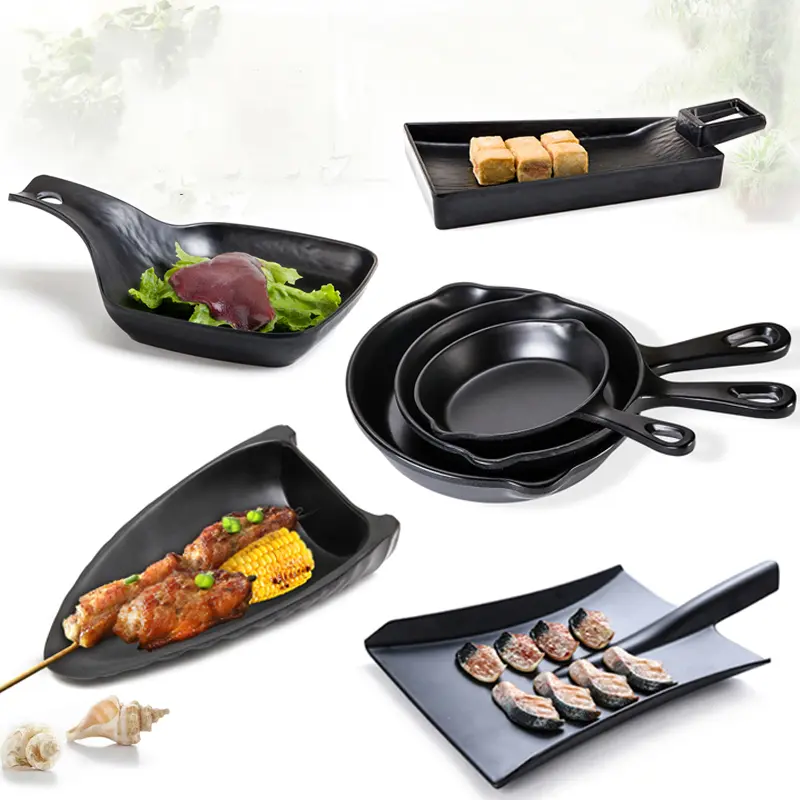 Irregular Melamine Imitation Porcelain Tableware Black Handle Plate Western Food Plate Oval Pizza Steak Plate Fried Rice Plate