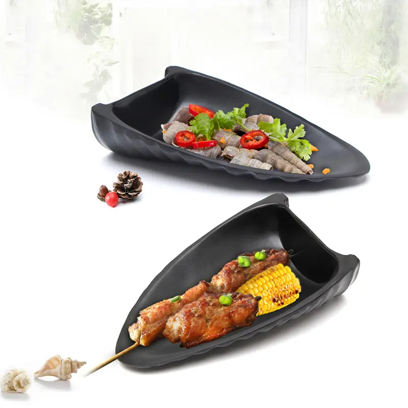 Irregular Melamine Imitation Porcelain Tableware Black Handle Plate Western Food Plate Oval Pizza Steak Plate Fried Rice Plate