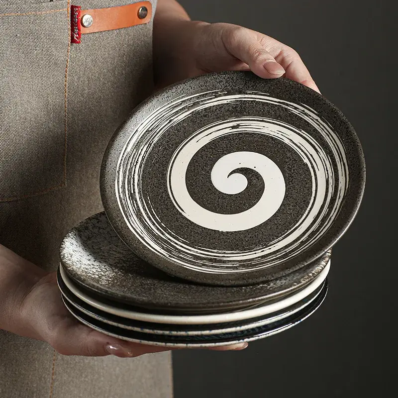 Japanese-style Ceramic Household Shallow Plate Flat Plate Western Food Plate Senior Hotel Tableware Steak Tray Retro Dish Tray