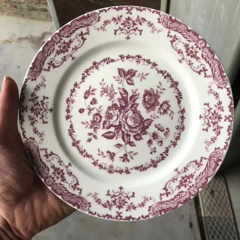 French Retro Rose Ceramic Dining Plate Ceramic Floral Salad Western Cuisine Plate Living Room Decoration Tableware Circular Tray