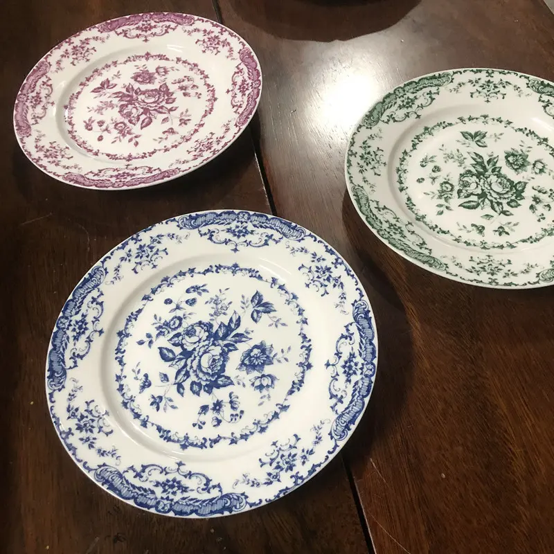 French Retro Rose Ceramic Dining Plate Ceramic Floral Salad Western Cuisine Plate Living Room Decoration Tableware Circular Tray