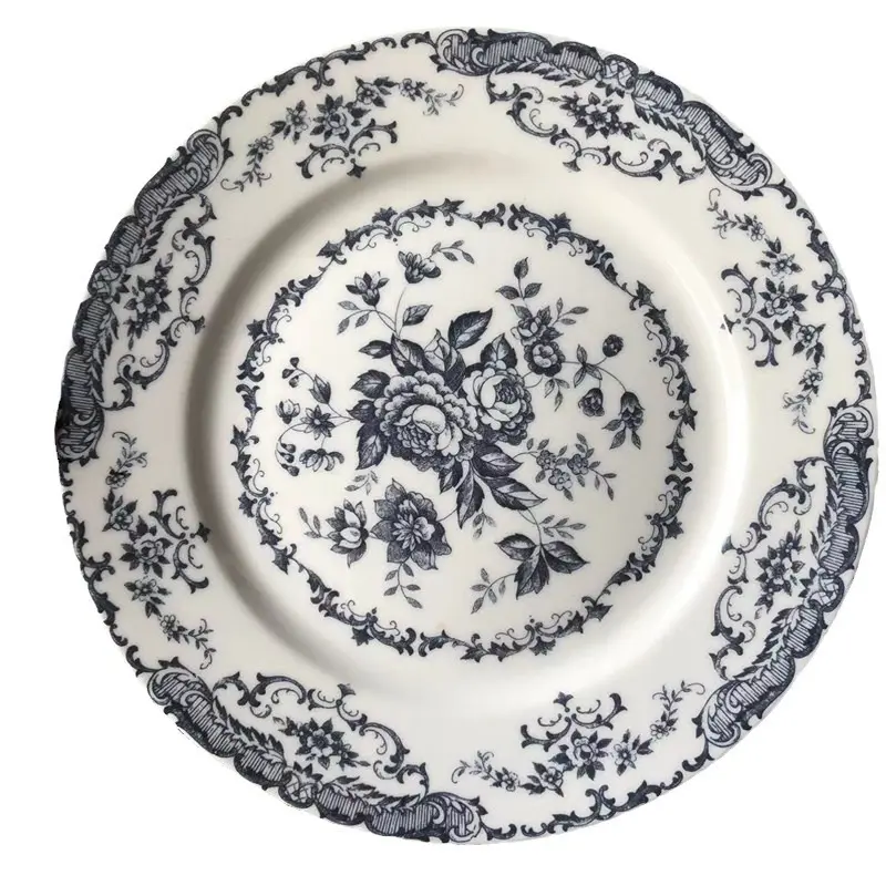 French Retro Rose Ceramic Dining Plate Ceramic Floral Salad Western Cuisine Plate Living Room Decoration Tableware Circular Tray