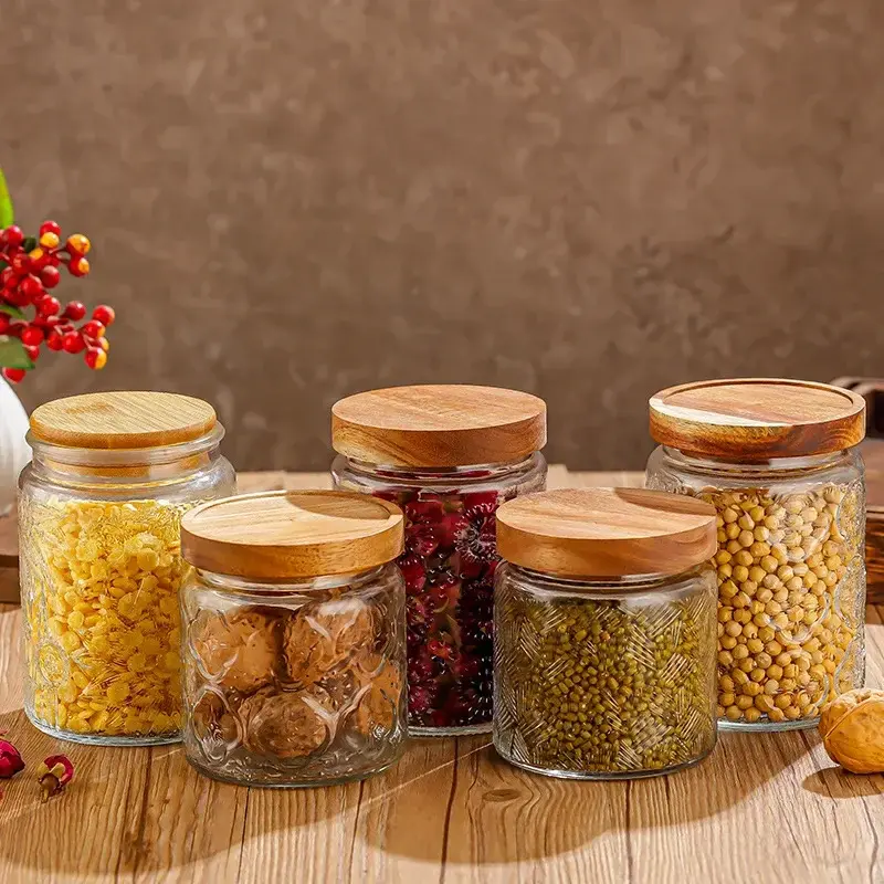 Household Embossed Candy Bottle Snack Storage Jar Food Storage Glass Sealed Bottle Round Wooden Lid Tea Jar Glass Container