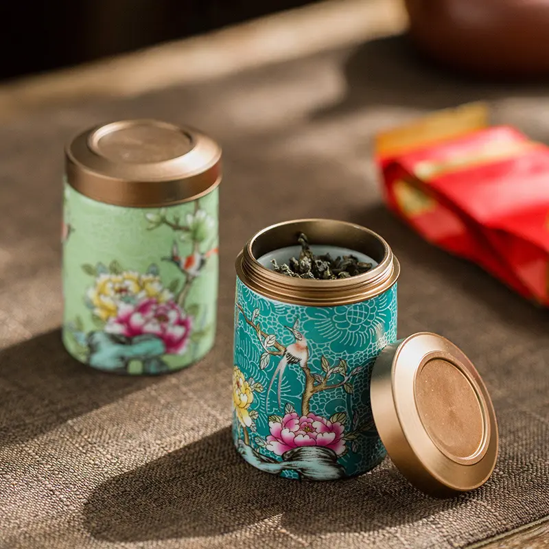 Exquisite Enamel Tea Jar Metal Cover Ceramic Sealed Jar Storage Bucket Small Travel Tea Set Candy Biscuit Storage Jar Container