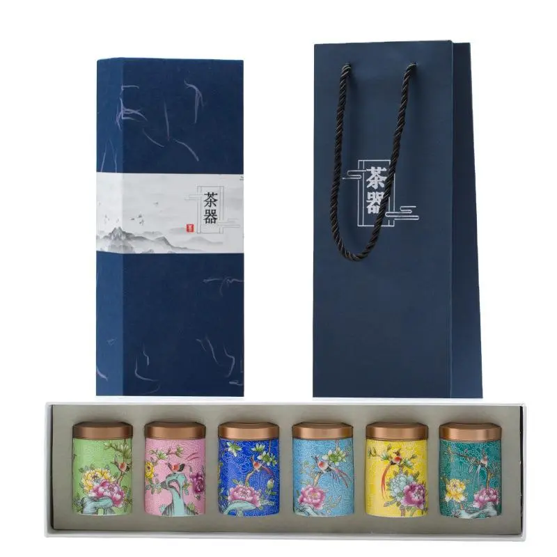 Exquisite Enamel Tea Jar Metal Cover Ceramic Sealed Jar Storage Bucket Small Travel Tea Set Candy Biscuit Storage Jar Container