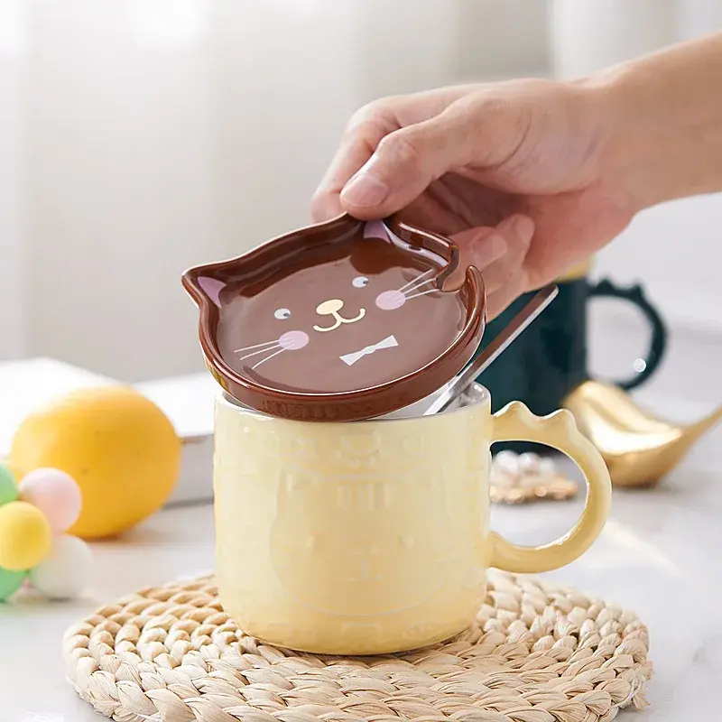350ML Japanese Cartoon Cat With Cover Coffee Cup Cute Breakfast Cup Creative Coffee  Mug Milk  Mug Couple Water Mug With Lid