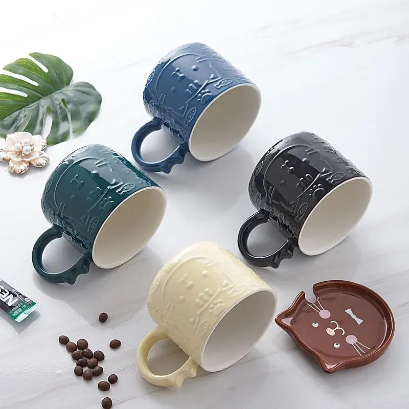 350ML Japanese Cartoon Cat With Cover Coffee Cup Cute Breakfast Cup Creative Coffee  Mug Milk  Mug Couple Water Mug With Lid