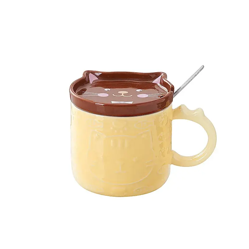 350ML Japanese Cartoon Cat With Cover Coffee Cup Cute Breakfast Cup Creative Coffee  Mug Milk  Mug Couple Water Mug With Lid