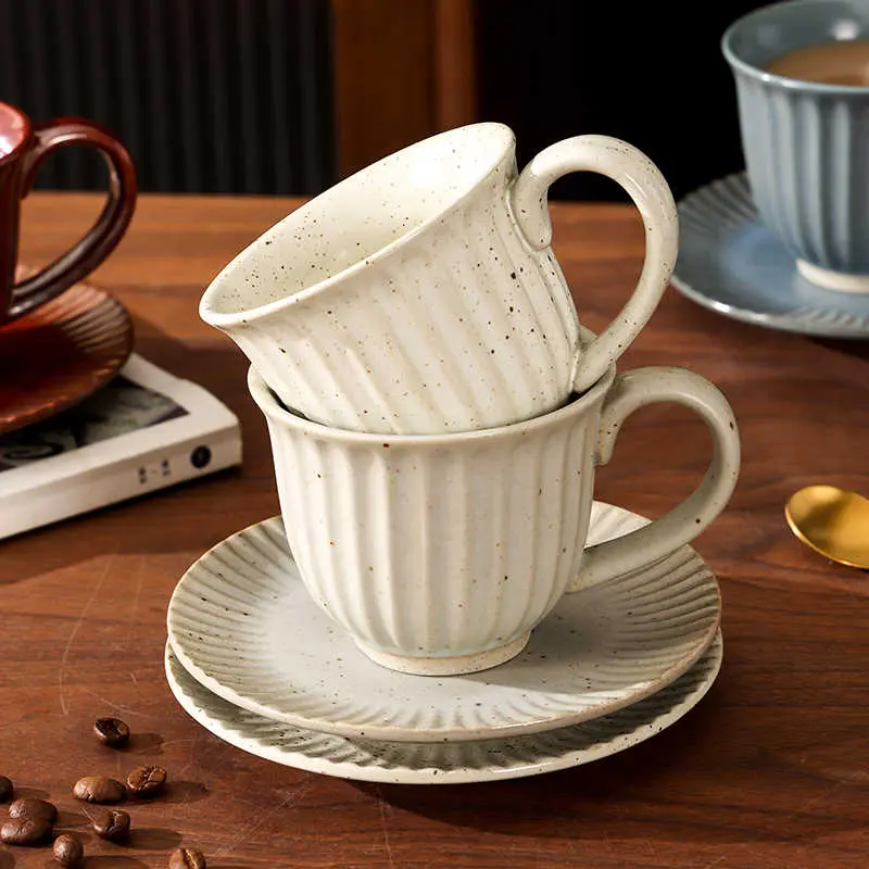 Japanese Rough Pottery Coffee Cup And Saucer 200ml Creative Ceramic Latte Cup Home Breakfast Cup Dessert Plate