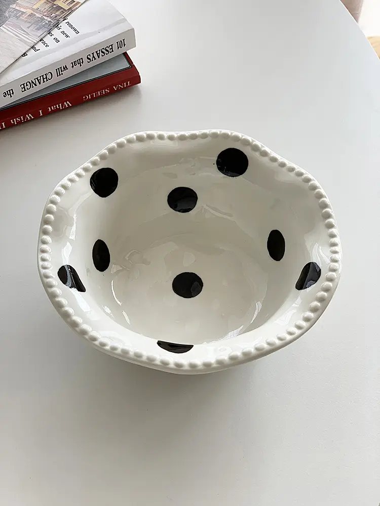 Japanese Polka Dot Tableware Set Handmade Ceramic Oatmeal Yogurt Bowl Oval Plate Spoon Fruit Salad Platter Bread Snack Tray