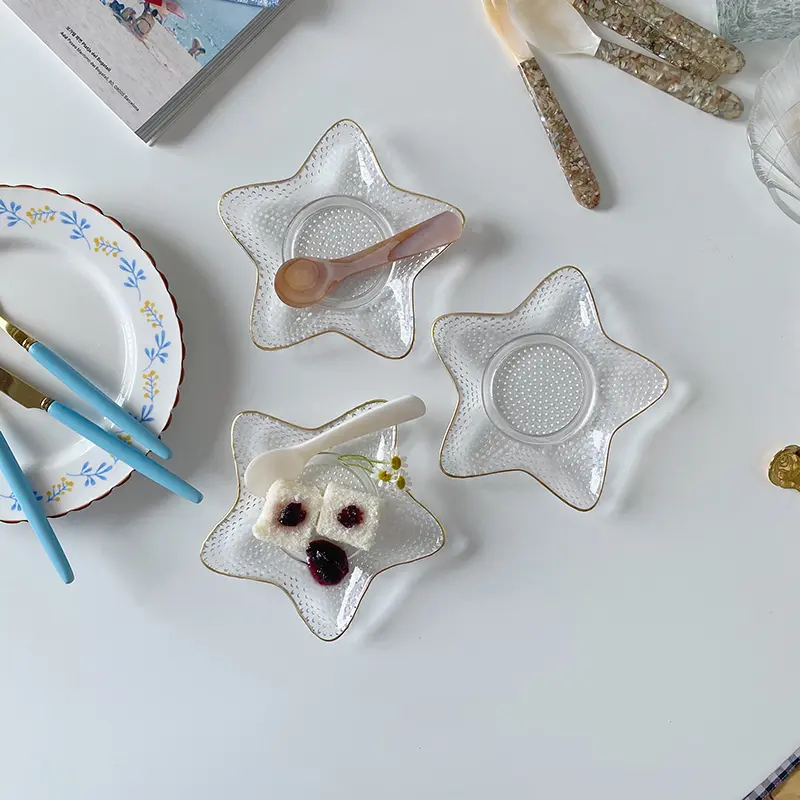 Transparent Fruit Salad Plate Gold Rimmed Glass Dish Creative Candy Snack Platter Cake Dessert Disc Jewelry Storage Tray