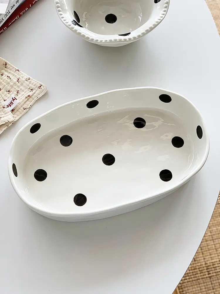 Japanese Polka Dot Tableware Set Handmade Ceramic Oatmeal Yogurt Bowl Oval Plate Spoon Fruit Salad Platter Bread Snack Tray