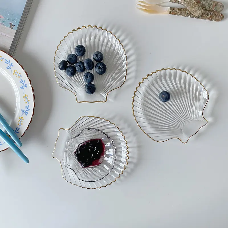 Transparent Fruit Salad Plate Gold Rimmed Glass Dish Creative Candy Snack Platter Cake Dessert Disc Jewelry Storage Tray