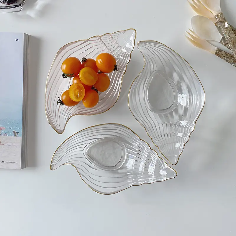 Transparent Fruit Salad Plate Gold Rimmed Glass Dish Creative Candy Snack Platter Cake Dessert Disc Jewelry Storage Tray