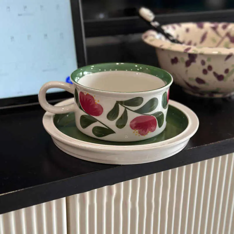 250ml Retro Ceramic Coffee Cups And Saucers Gift Exquisite Afternoon Tea Drinkware Household Printing Breakfast Cups Snack Plate
