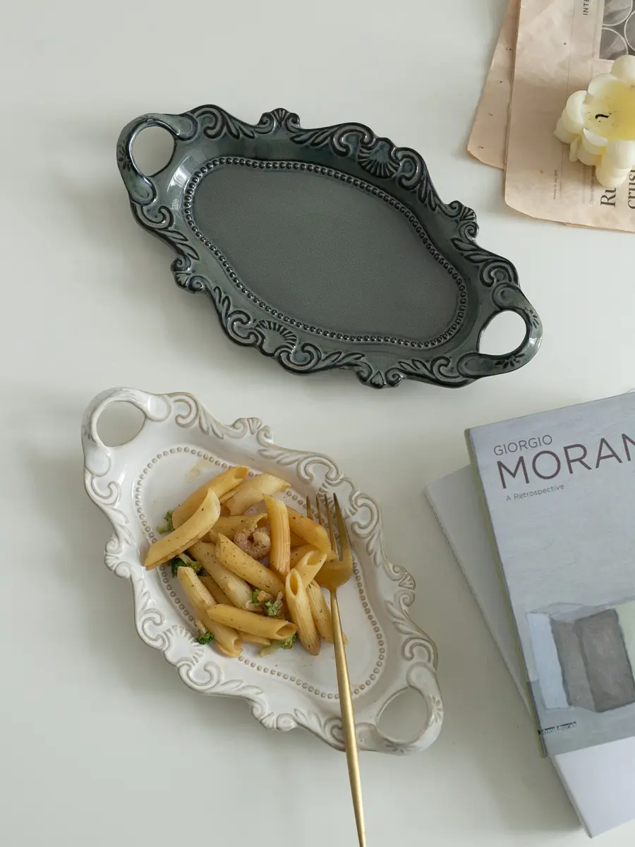 Binaural Long Plate French Retro Relief Spaghetti Tray Dessert Oval Dish Western Steak Dishes Nordic Kitchen Tableware