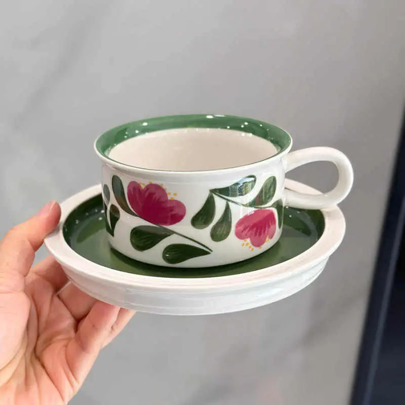 250ml Retro Ceramic Coffee Cups And Saucers Gift Exquisite Afternoon Tea Drinkware Household Printing Breakfast Cups Snack Plate