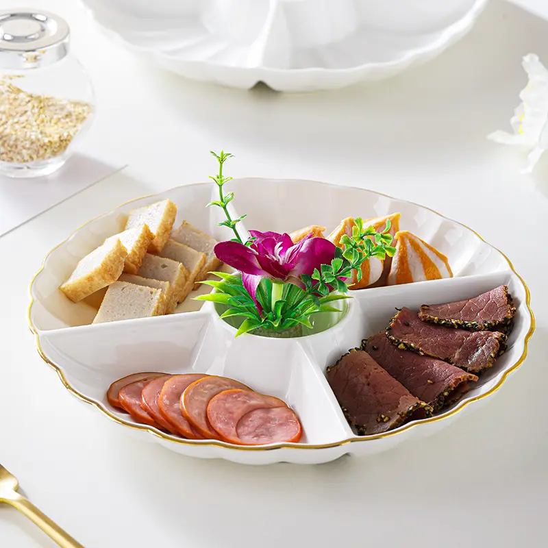 10inch Gold-rimmed Ceramic Hot Pot Divided Plate Household White Dried Fruit Snack Plate Hotel Simple Tableware