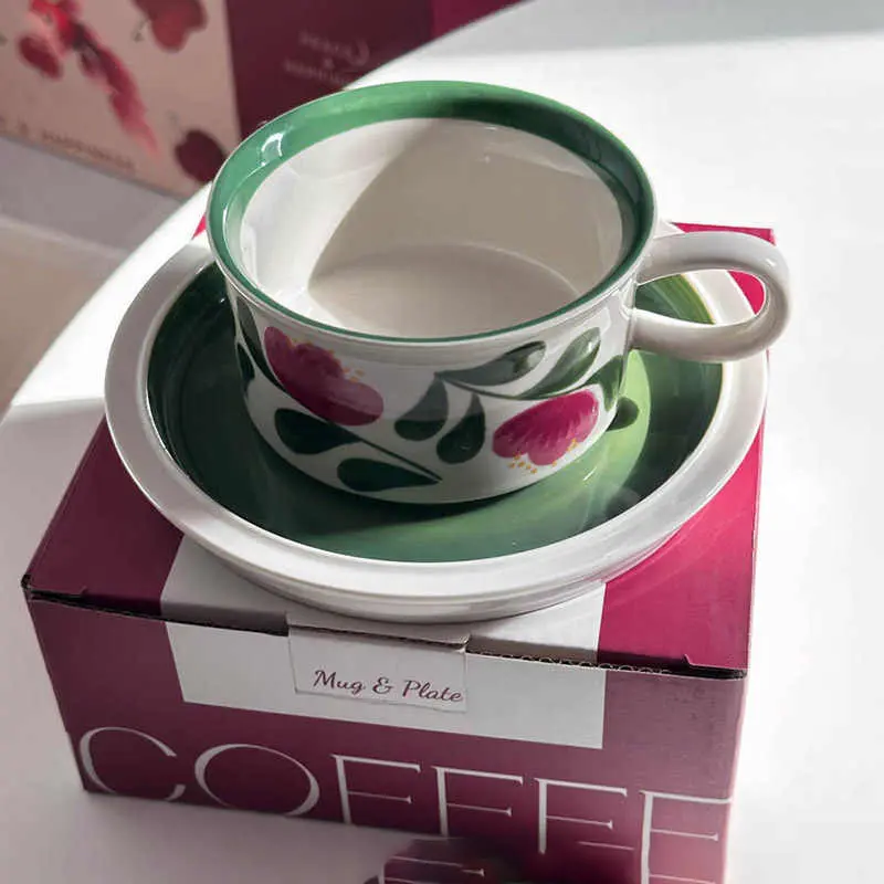 250ml Retro Ceramic Coffee Cups And Saucers Gift Exquisite Afternoon Tea Drinkware Household Printing Breakfast Cups Snack Plate