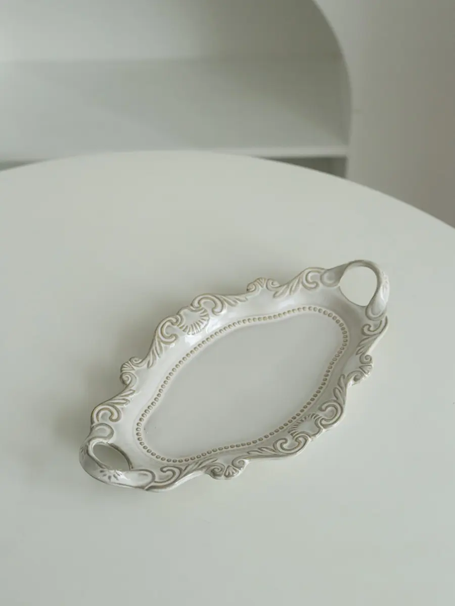 Binaural Long Plate French Retro Relief Spaghetti Tray Dessert Oval Dish Western Steak Dishes Nordic Kitchen Tableware