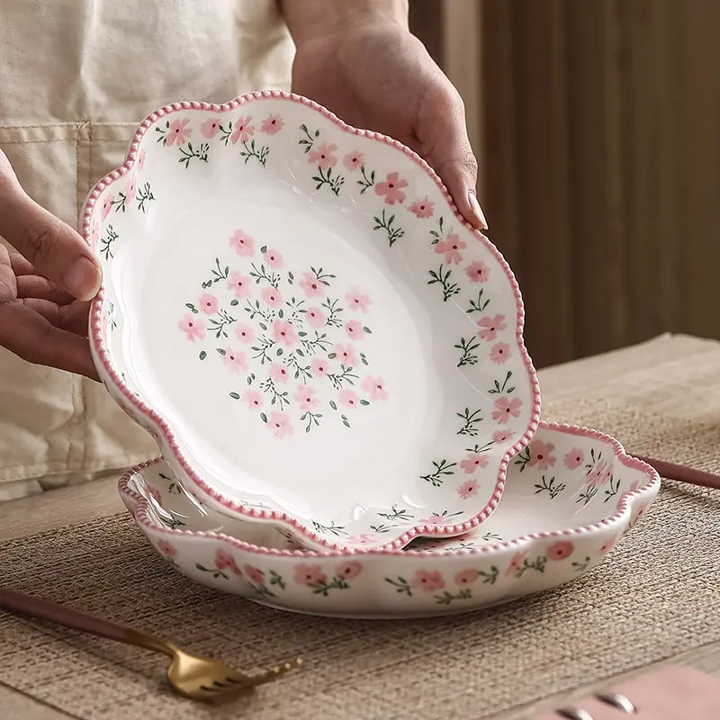 Flower Pattern Ceramic Deep Plate Underglaze Color Fruit Vegetable Salad Tray Pasta Soup Dinner Platter Snack Dessert Dish