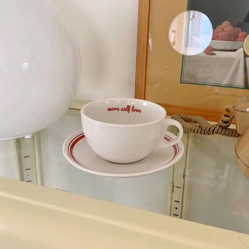 Korea Letters Coffee Cup Saucer Set Breakfast Ceramic Milk Mug Dessert Plate Afternoon Tea Cups Kitchen Tableware
