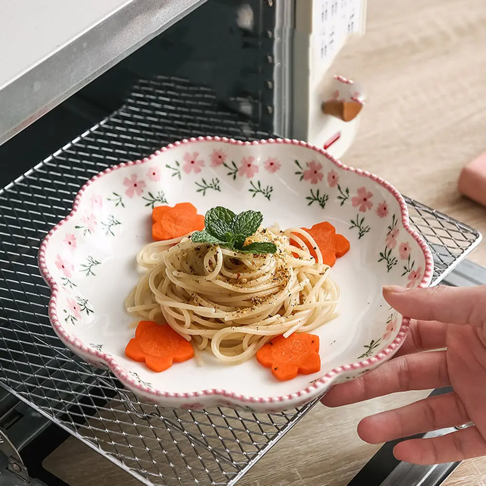 Flower Pattern Ceramic Deep Plate Underglaze Color Fruit Vegetable Salad Tray Pasta Soup Dinner Platter Snack Dessert Dish