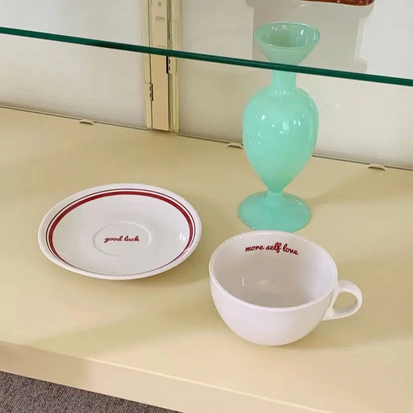 Korea Letters Coffee Cup Saucer Set Breakfast Ceramic Milk Mug Dessert Plate Afternoon Tea Cups Kitchen Tableware