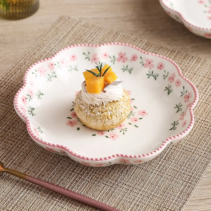 Flower Pattern Ceramic Deep Plate Underglaze Color Fruit Vegetable Salad Tray Pasta Soup Dinner Platter Snack Dessert Dish