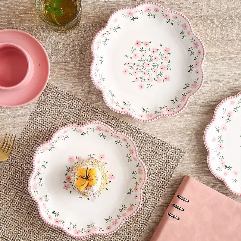 Flower Pattern Ceramic Deep Plate Underglaze Color Fruit Vegetable Salad Tray Pasta Soup Dinner Platter Snack Dessert Dish