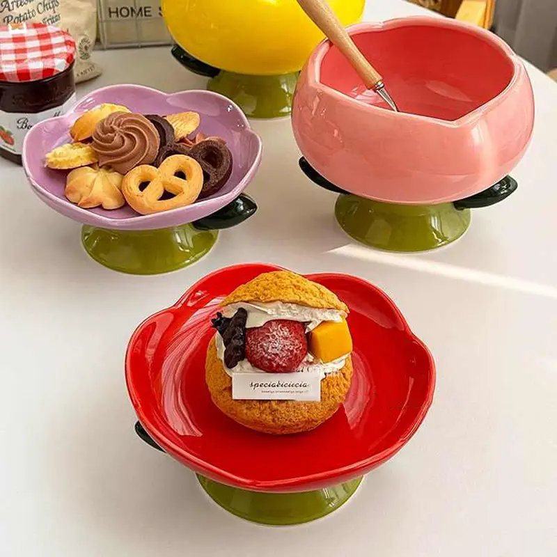 Creative Flower Design Ceramic Tall Ice Cream Bowl Cute Snack Dessert Tray Delicate Yoghurt Bowl Girls Gift