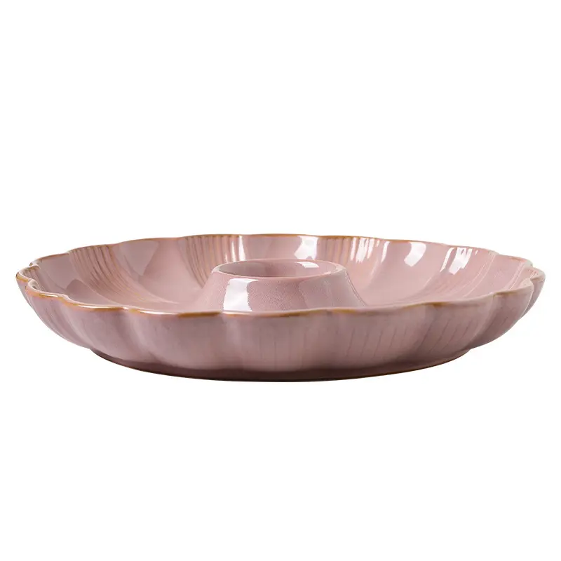 Flower Shape Dumpling Plate Ceramic Snack Platter with Dipping Dish Household Fruit Salad Disc Japanese Tableware