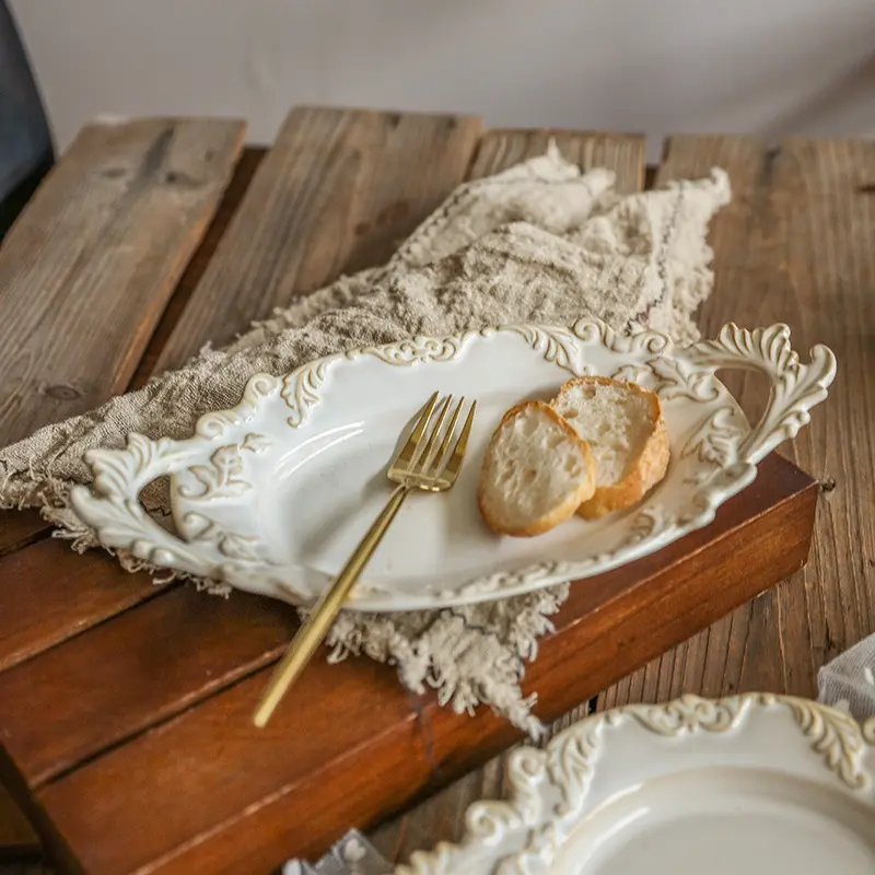 French Retro Relief Plate Ceramic Spaghetti Plate Binaural Dessert Western Food Plate Light Luxury Tableware