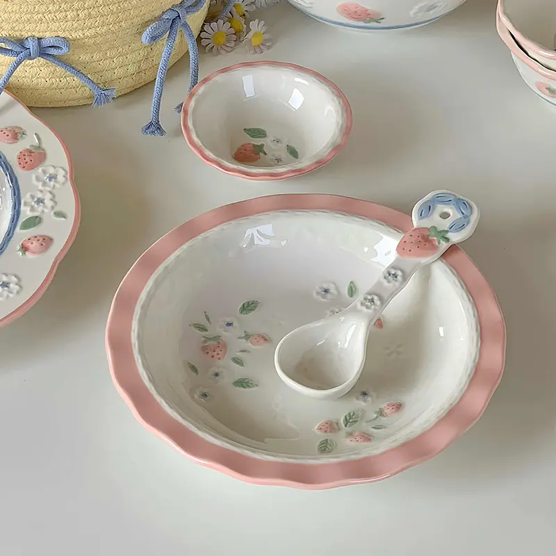 Underglaze Strawberry Relief Ceramic Tableware Household Rice Bowl Round Plate Oval Plates Taste Saucer Spoon Gift