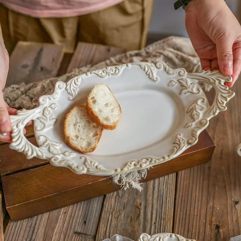 French Retro Relief Plate Ceramic Spaghetti Plate Binaural Dessert Western Food Plate Light Luxury Tableware