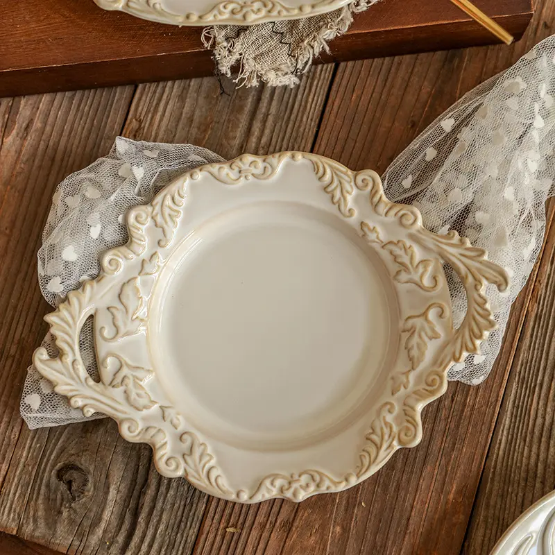 French Retro Relief Plate Ceramic Spaghetti Plate Binaural Dessert Western Food Plate Light Luxury Tableware