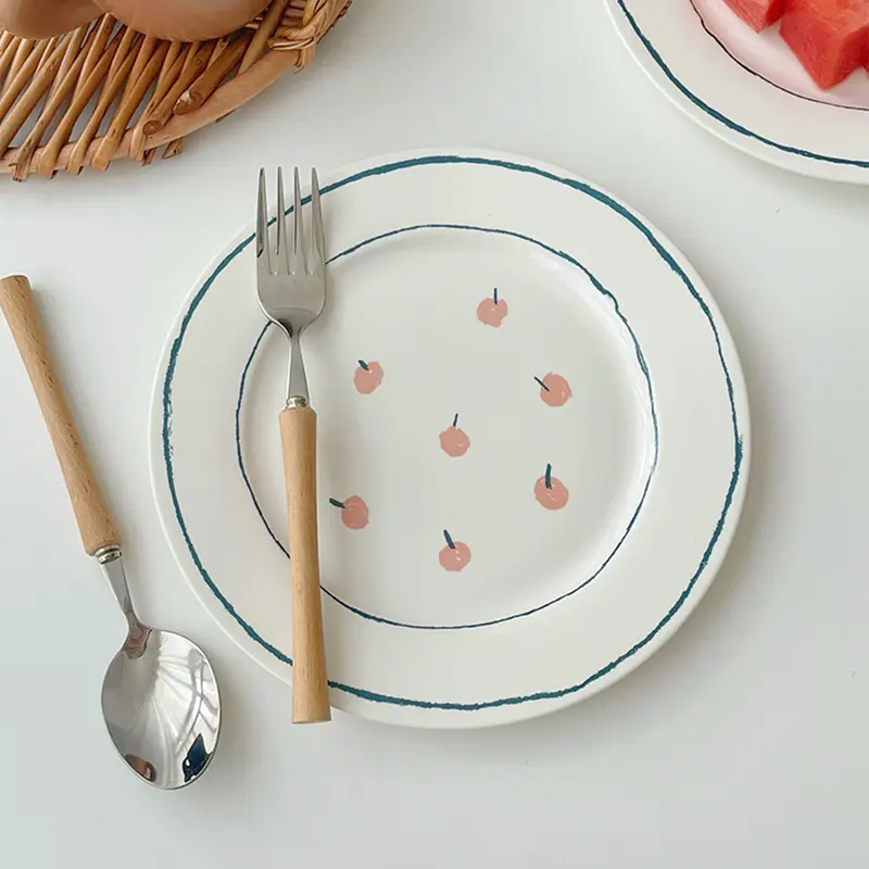 Ceramic Hand-painted Breakfast Round Plate Exquisite Flat Plate Dessert Cake Plate Home Pastry Dinner Plate Tableware 20.5cm