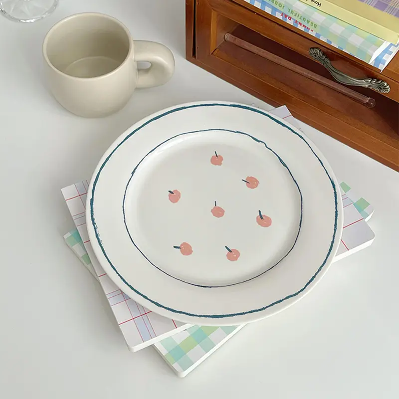 Ceramic Hand-painted Breakfast Round Plate Exquisite Flat Plate Dessert Cake Plate Home Pastry Dinner Plate Tableware 20.5cm
