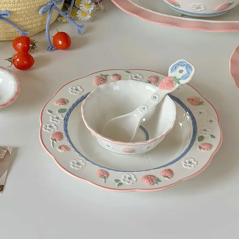 Underglaze Strawberry Relief Ceramic Tableware Household Rice Bowl Round Plate Oval Plates Taste Saucer Spoon Gift