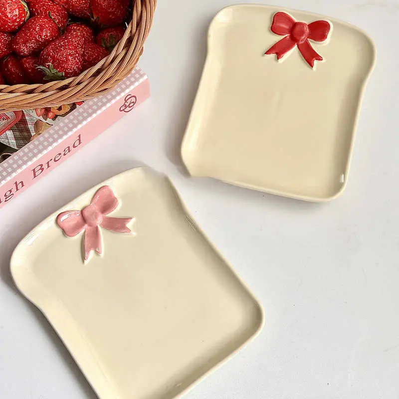 Bow Decoration Ceramic Bread Plate Home Spaghetti Western Plates Square Dessert Breakfast Dish Cake Snack Disc