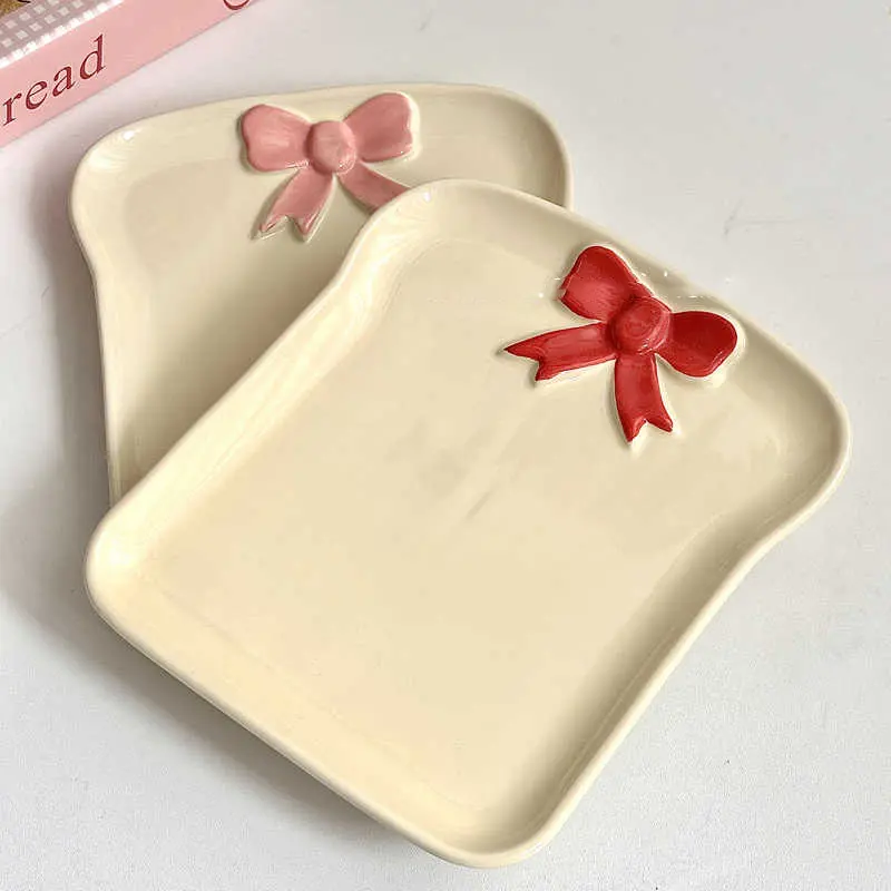 Bow Decoration Ceramic Bread Plate Home Spaghetti Western Plates Square Dessert Breakfast Dish Cake Snack Disc