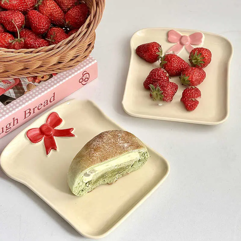 Bow Decoration Ceramic Bread Plate Home Spaghetti Western Plates Square Dessert Breakfast Dish Cake Snack Disc